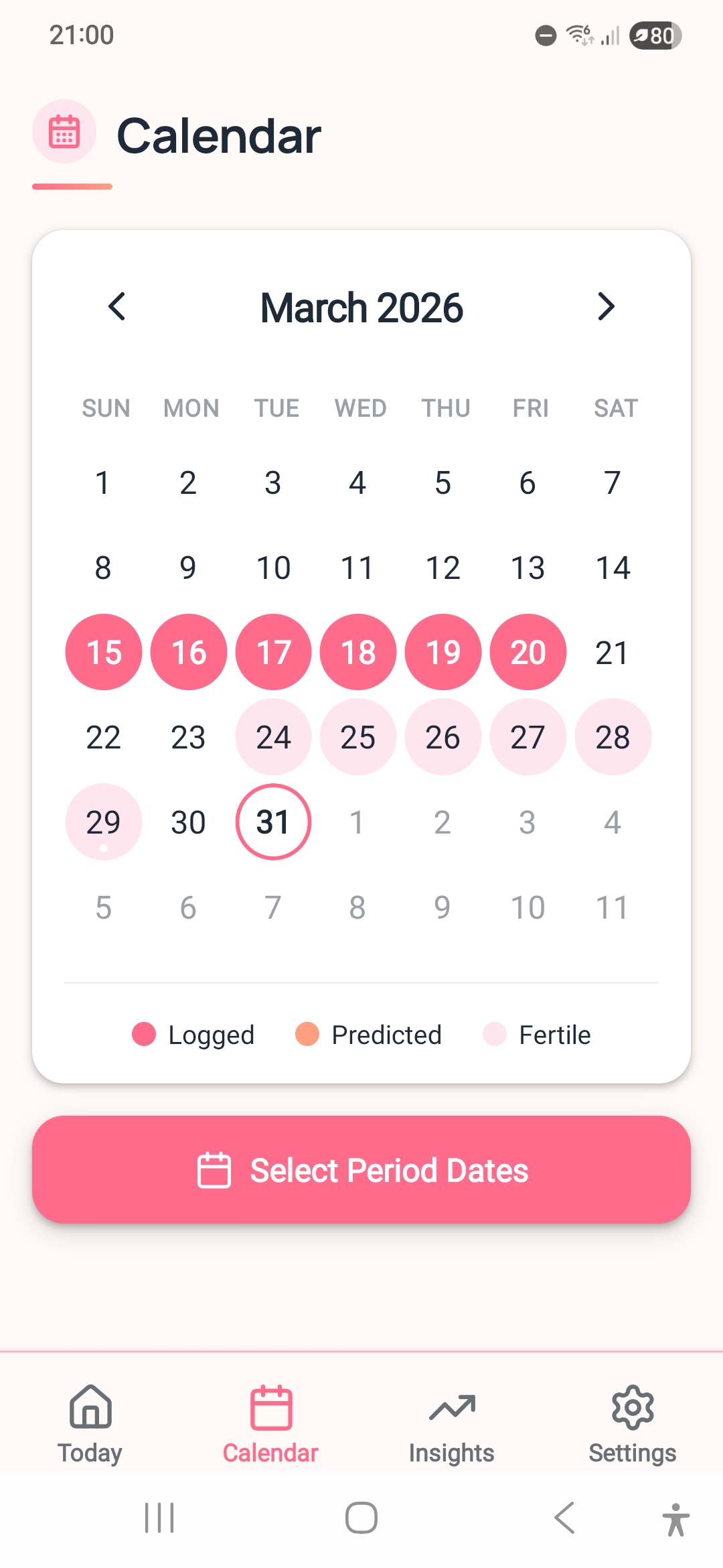 Kalena Flow calendar screen